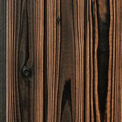 Close-up of Sumii Yakisugi a.k.a Shousugiban cedar timber cladding showing charred cedar grain pattern.