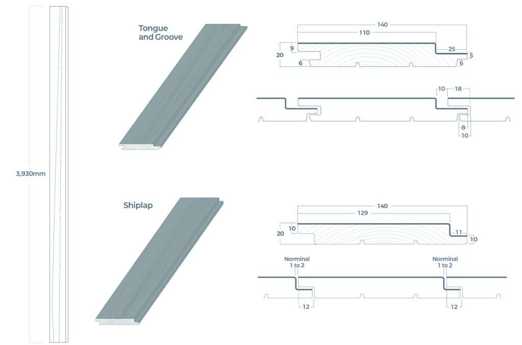 Technical section drawing showing the profile dimensions of Yakisugi a.k.a Shou Sugi Ban Japanese cedar cladding board.