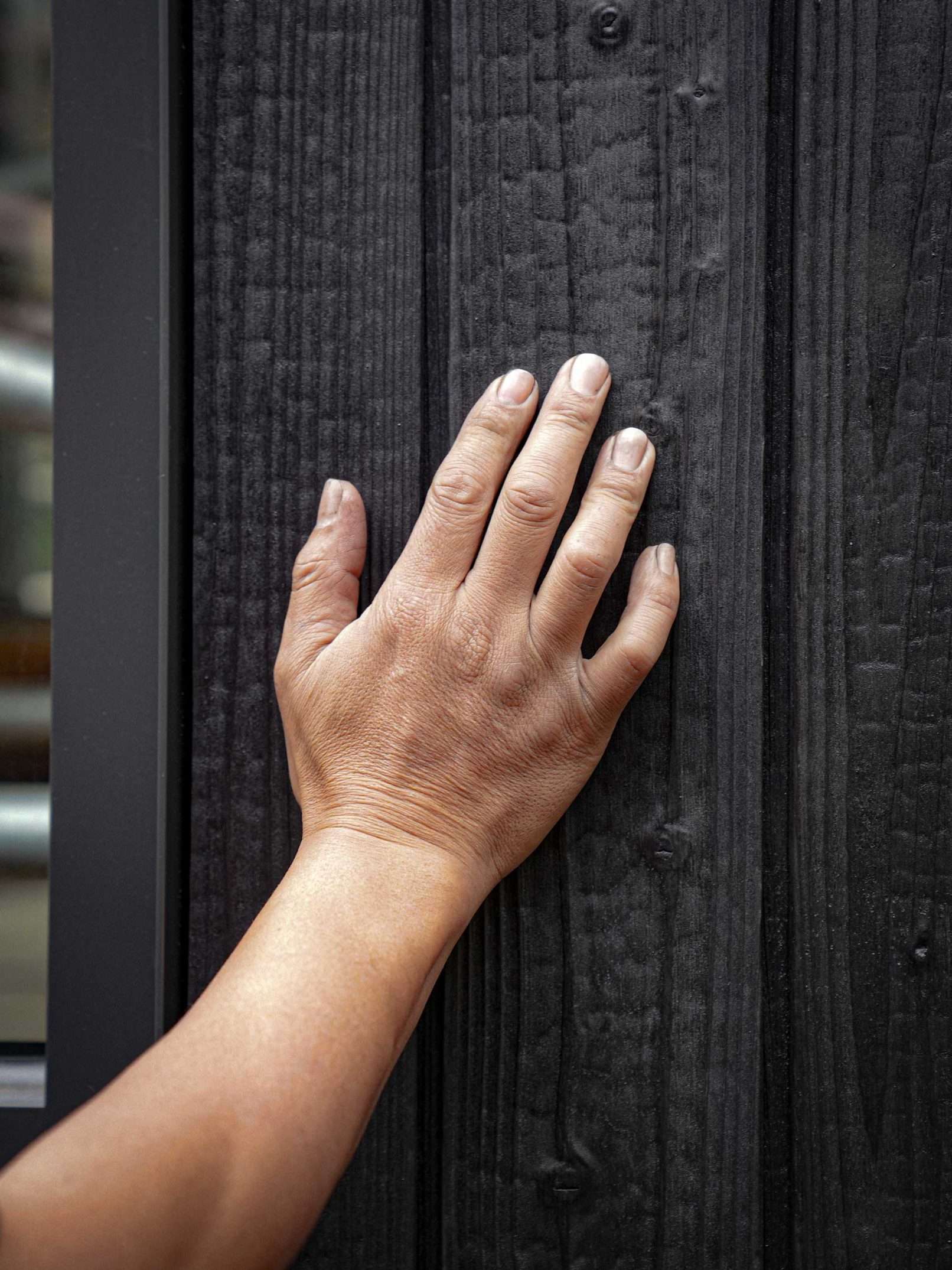 Hand resting on brushed Hakuu Black yakisugi boards, showing the charred grain texture